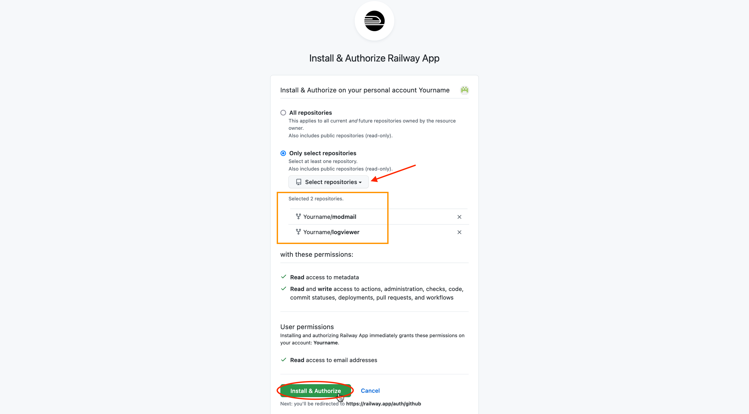 Screenshot of selecting both repositories.